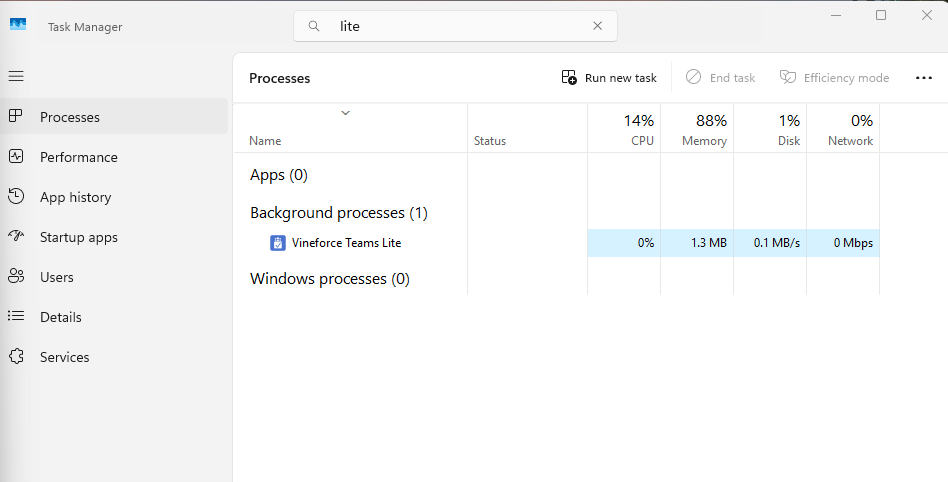 Task Manager showing Vineforce Teams Lite process