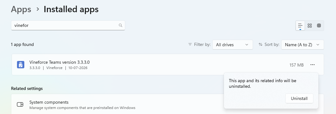 Uninstall Vineforce Teams